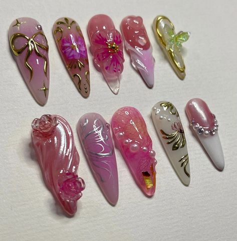 Cool Press On Nails, Fairy Tale Nails, Fairy Garden Nails, Colorful Gel Nails, Fairy Inspired Nails, Enchanted Forest Nails, Nail Ideas Aesthetic, Fairy Nail Art, Fairy Nails