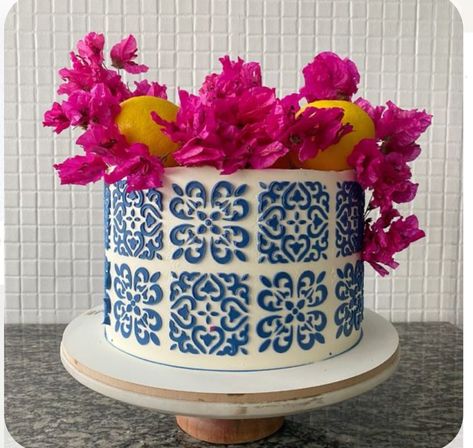 Greece Cake Theme, Papel Picado Cake, Clase Azul Cake, Talavera Cake, Mama Mia Cake, Santorini Party, Greek Party Theme, Greek Cake, Blue Birthday Cakes