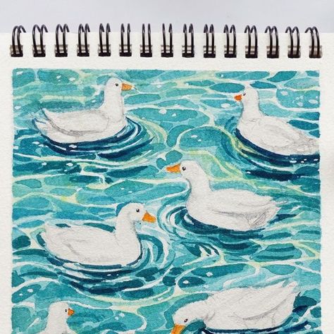 Duck Watercolor, Duck Gouache Painting, Duck Swimming Drawing, Duck In Water Drawing, Ducks In A Pond Drawing, Watercolour Pond Painting, Thumb Painting, Duck Watercolour Painting, Gauche Painting