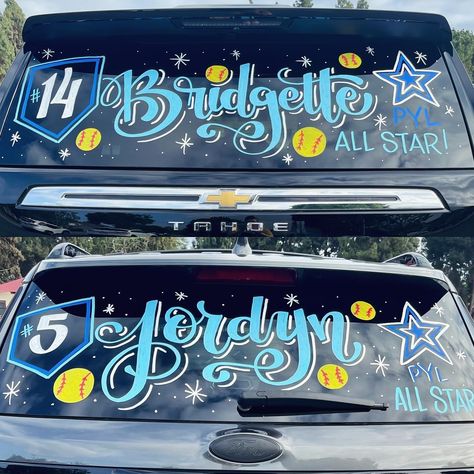 Thank you so much Blue Stars PYL Super Stars!! #windowart #carwindowart #carwindowlettering #windowlettering #tournamentwindow #softballwindowart #softballtournament #softballtournamentlife #plyallstars #softballwindow #tournamentcarart #carwindowsplash #thatwindowgirl All Star Car Window Paint Ideas, Softball Window Paint Ideas, Softball Car Window Paint Ideas, Car Window Paint Ideas, Window Paint Ideas, Car Window Paint, Softball World Series, Window Lettering, Car Decorating