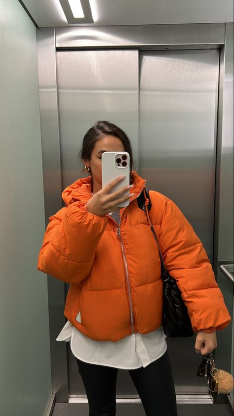 #winter #orange #winterjacket Orange Jacket Outfit Winter, Orange Coat Outfit Winter, Orange Puffer Jacket Outfit, Puffer Jacket Outfits, Orange Puffer Jacket, Winter Orange, Winter Jacket Outfits, Puffer Jacket Outfit, Winter Outfits For School