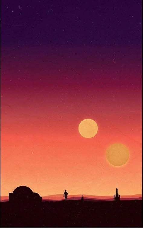 Star Wars Tatooine Sunset, Tatooine Wall Mural, Star Wars Art Aesthetic, Star Wars Two Suns, Tatooine Drawing, Binary Sunset, Star Wars Wallpaper Simple, Star Wars Silhouette Art, Tattooine Sunset