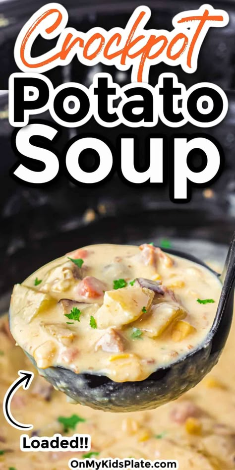 This cheesy crockpot potato soup recipe is the best for a cold day! Full of potatoes, bacon and ham, the whole family loves this creamy soup. Crockpot Potato Soup With Real Potatoes, Potato Soup Cheesy, Potato Soup Crockpot Recipes, Crockpot Potato Soup, Crockpot Potato, Fall Crockpot, Fall Crockpot Recipes, Cheesy Potato Soup, Ham And Potato Soup