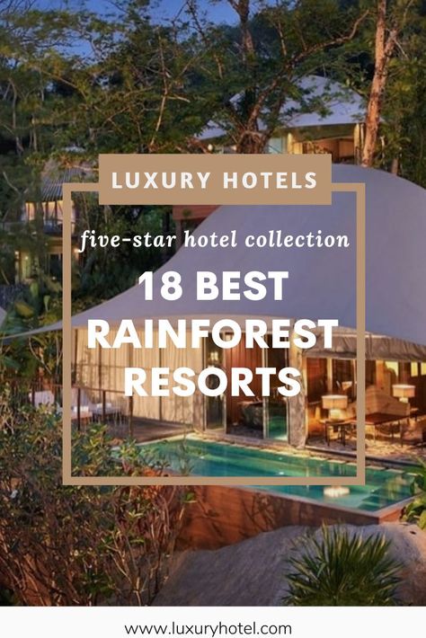 Lush green mile high trees, rushing waterfalls, and echoing cries of the wild are just a few of the wonders you can experience at these 18 rainforest resorts all over the world. Visit our website to find the best luxurious vacations & jungle retreats. #luxuryhotel #luxuryvilla #luxuryresort #luxurylodge #rainforest #rainforestresort #australia #belize #costarica #treehouse " Jungle Resort Design, Jungle Cabin, Jungle Hotel, Brazil Rainforest, Jungle Retreat, Mexico Resort, Resort Ideas, Unique Resorts, Costa Rica Luxury