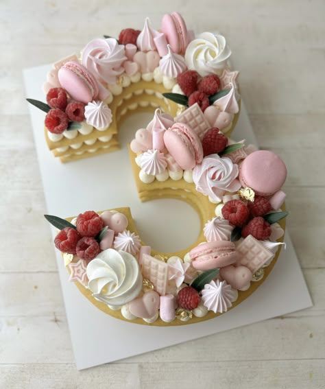 Vanilla Cream Tart Cake with raspberry.  #CreamTartCake #CakeArt #ChildrenBirthdayCake #NumberCake #Girl’sCake Number 3 Cake Girl, Cream Tart Cake, Number 3 Cakes, Cream Tart Cake Number, Tart Cake, Cream Tart, Cake Stuff, Number Cakes, Vanilla Cream