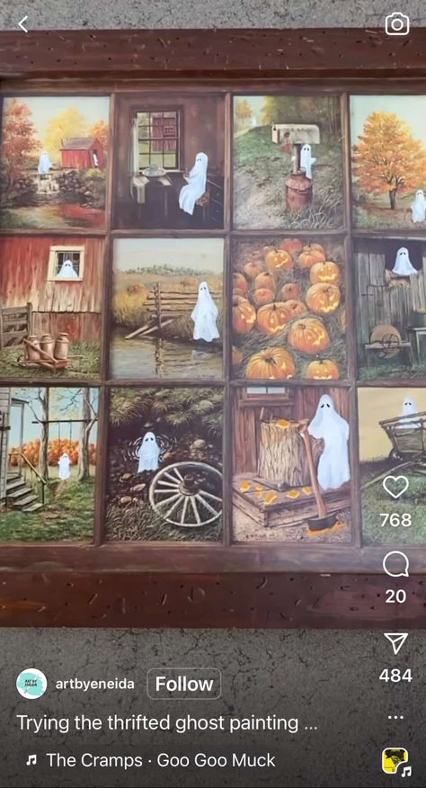 Halloween Ghost Trend Painting, Old Paintings Turned Spooky, Ghost Painting Trend Ideas, Ghost Painting Ideas Thrift, Thrift Ghost Painting Trend, Spooky Painting Trend, Thrift Store Ghost Painting Trend, Ghostie Painting, Goodwill Ghost Painting