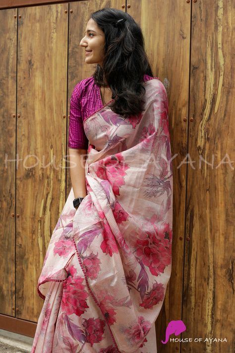 Sarees with Blouses | Designer Readymade Blouses with Saree | Tussar sarees with blouses - House of Ayana Tussar Saree Blouse Designs, Luxury Cotton Silk Saree, House Of Ayana Sarees, Multicolor Batik Print Saree For Puja, Batik Print Saree, Unique Sarees, House Of Ayana, Simple Blouses, Unstitched Batik Print Saree