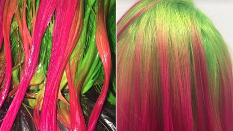 Slime Green Hair, Roots Hair Color, Pink Green Hair, Pink And Green Hair, Vibrant Hair Color Ideas, Dyed Bangs, Neon Hair Color, Spring Hair Color Ideas, Green Roots