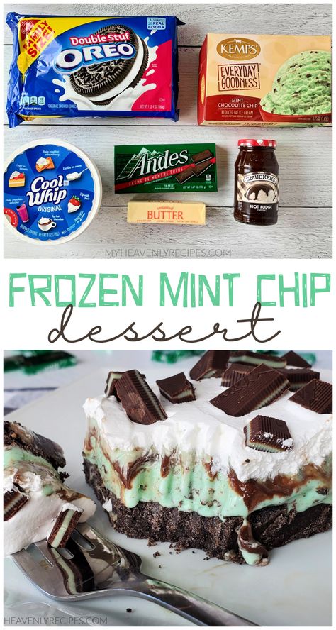 Frozen Mint Chip Dessert- Easy dessert to make for christmas, st patricks day, etc! Homemade ice cream pie/cake dessert comparable to dairy queen cakes. Oreos, ice cream, and more! Andes Mint Ice Cream Cake, Mint Chocolate Chip Dessert Recipes, Oreo Mint Ice Cream Dessert, Chocolate Mint Ice Cream Cake, Mint Ice Cream Pie, Holiday Ice Cream Cake, Mint Oreo Ice Cream Cake, Mint Chip Ice Cream Cake, Christmas Ice Cream Bar