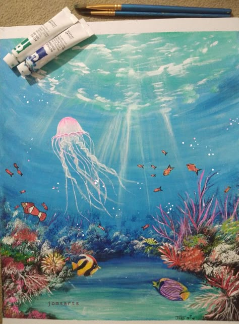 Under Sea Painting Acrylic, Undersea Painting Acrylic, Underwater Sea Painting, Water Aesthetic Painting, Under Water Painting Ideas On Canvas, Sea Drawing Acrylic, Sea Coral Painting, Under The Water Painting, Aquarium Painting Acrylic