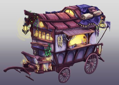 Laurance Lionhardt's depiction. Traveling Circus Caravan, Fantasy Caravan Concept Art, Dnd Caravan, Fantasy Wagon, Fantasy Caravan, Theme Park Planning, Carnival Fantasy, Dragon Wagon, Cozy Camping