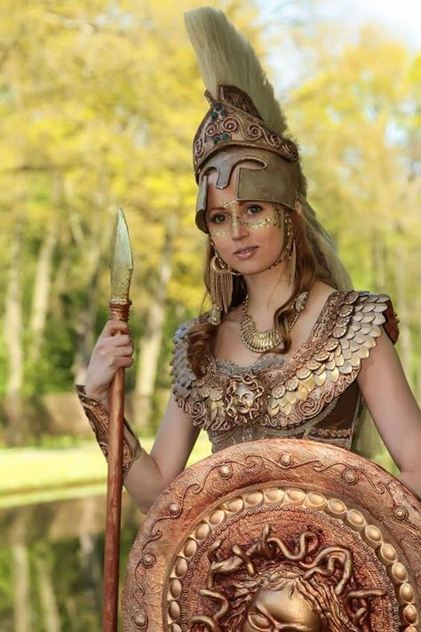 Athena Goddess Costume, Athena Helmet, Athena Costume, Spear And Shield, Pallas Athena, Warrior Outfit, Elves Fantasy, Greek Warrior, Goddess Costume