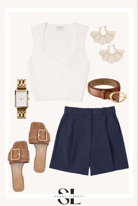 Navy Shorts Outfits Women, Nautical Outfits For Women, Nautical Outfit Women, Navy Shorts Outfit, Vacation Shorts, Nautical Outfits, Business Casual Summer, Desert Fashion, Shorts Outfits Women