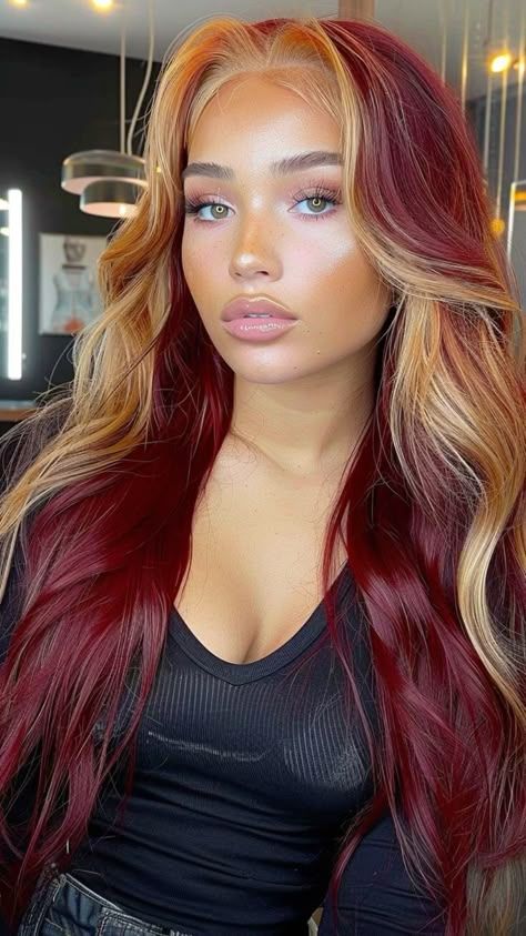 Caramel And Red Hair, Multi Colored Red Hair, Multicolor Highlights For Dark Hair, Celebrity Red Hair, Black Woman Colored Hair, Red Hair With Skunk Stripe, Red Hair Fall 2024, Hair Color For Medium Length Hair, Hair Styles For Red Hair