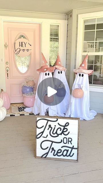 Trish 💕 Beautiful Lifestyle Blogger on Instagram: "DIY Viral Trick or Treat Ghosts 👻 How stinking cute are these little ghosts??? Comment “diy ghosts” for the links!!! I’ve seen these viral ghosts and new I had to create some cute ones!!! When I found these adorable pink hats…I new I wanted to create some trick or treat ghosts! I think they’re so cute!!! Do you guys love them??? 👻💕 Keep watching for the tutorial!!!  . .  Comment SHOP below to receive a DM with the link to shop this post on my LTK ⬇ https://liketk.it/4OpAh  DIY trick or treat ghosts #ltkparties #ltkseasonal #ltkhome  . #diy #ghosts #ghost #pinkoween #pinkhalloween #halloween #halloweendecor #halloweendecorations #halloweendecoration #pink #spirithalloween #betterhomesandgardens #target #walmart #ltk #homegoods #diycraft Pink Ghost Halloween Decor, Diy Yarn Ghost, Ghost Hat Diy, Cute Ghost Decorations, Holy Ghost Trunk Or Treat, Pink Halloween Diy, Ghost Party Ideas, Cute Halloween Porch, Diy Ghost Decoration