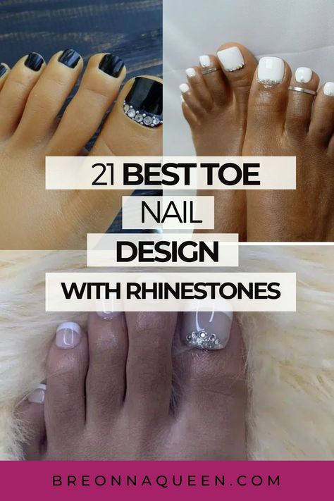 Get ready to sparkle and shine with 21 dazzling toe nail designs adorned with rhinestones, perfect for adding glamour to your pedicure. These designs are guaranteed to make your toes the center of attention. #ToeNailDesigns #RhinestonePedicure #PedicureIdeas Rhinestone Pedicure Designs, Toenail Designs With Rhinestones, Toe Rhinestones Design, Pedicure With Rhinestones Toenails, Toe Design Ideas, Pedicure With Gems, Rhinestone Toenails, Toe Nails With Rhinestones, Toe Polish Ideas