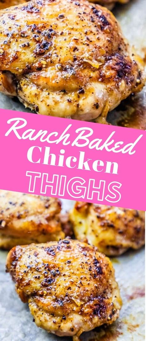 The Best Easy Baked Ranch Chicken Thighs Recipe - Crunchy baked ranch chicken thighs in a buttery rich ranch sauce with tender juicy chicken in a simple recipe even beginner cooks can follow! #bakedranchchickenthighs #maindishes #popular Easy Baked Ranch Chicken, Baked Ranch Chicken Thighs, Ranch Baked Chicken, Crunchy Baked Chicken, Ranch Chicken Thighs, Baked Ranch Chicken, Ranch Sauce, Chicken Thighs Recipe, Thighs Recipe