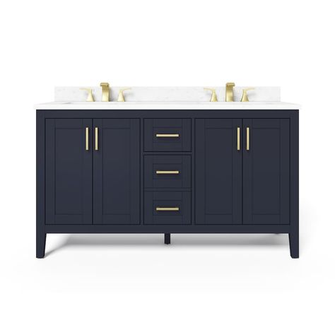 Home Decorators Collection Ellia 60-inch 4-Door and 2-Drawer Bathroom Vanity in Navy with ... | The Home Depot Canada Bathroom Cabinet Colors, 60 Inch Vanity, Navy Blue Bathrooms, Stone Vanity Top, Shelf Vanity, Blue Bathroom Vanity, Stone Vanity, Brushed Gold Hardware, Blue Vanity