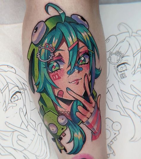 Kawaii Anime Tattoo, Miku Tattoo Ideas, Vocaloid Tattoo, Hatsune Miku Tattoo, Miku Tattoo, Scene Tattoo, Colorful Tattoo, Gamer Tattoos, Tattoo Anime