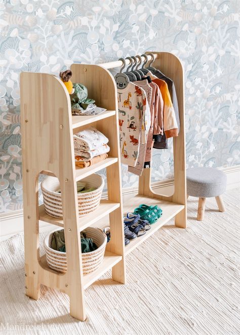 So excited to get this wardrobe for my daughter for Chistmas this year! Diy Montessori Wardrobe, Wooden Clothing Rack, Montessori Wardrobe, Play Bedroom, Toy Storage Nursery, Kids Clothes Storage, Rack Wardrobe, Dress Up Storage, Kids Clothing Rack