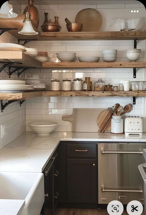 Shelves For Upper Cabinets, Kitchen Ideas With Floating Shelves, Small Kitchen Floating Shelves, Shelves In Kitchen Instead Of Cabinets, Shelf Diy Ideas, Farmhouse Kitchen Floating Shelves, Kitchen With Shelves Instead Of Cabinets, Kitchen With No Cabinets, Cottage Kitchen Storage