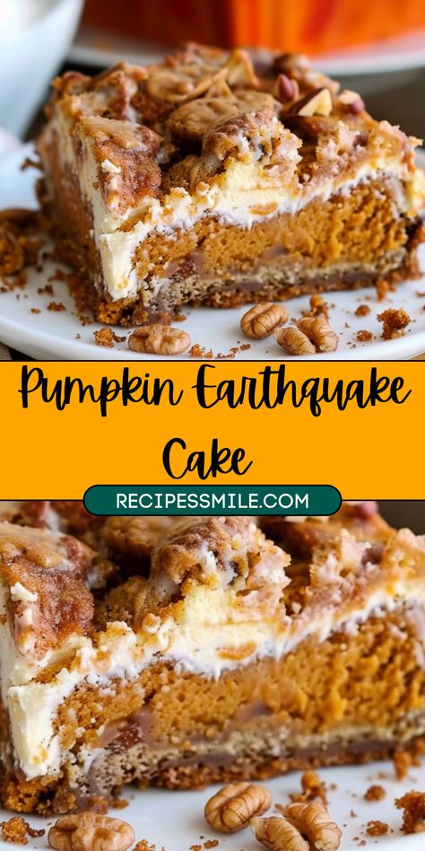 Indulge in the ultimate fall dessert with this Pumpkin Earthquake Cake! Featuring a spiced pumpkin cake base swirled with a creamy cheesecake layer, this stunning treat is perfect for autumn gatherings. Its moist texture, irresistible flavor, and signature "earthquake" cracks will make it the highlight of your dessert table. Pumpkin Cookie Cake, Pumpkin Earthquake Cake, Easy Pumpkin Cake, Pumpkin Spice Cake Recipe, Pumpkin Dessert Recipes, Desserts Pumpkin, Dessert For Fall, Pumpkin Crunch Cake, Earthquake Cake