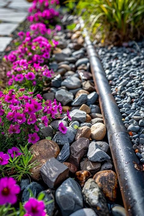 Rocky Charm: Unique Downspout Ideas with Rocks Downspout Extension Ideas, Downspout Runoff Ideas, Downspout Ideas, Gravel Driveway Edging, Decorative Downspouts, Downspout Drainage, Cement Leaves, Splash Blocks, Small Urban Garden