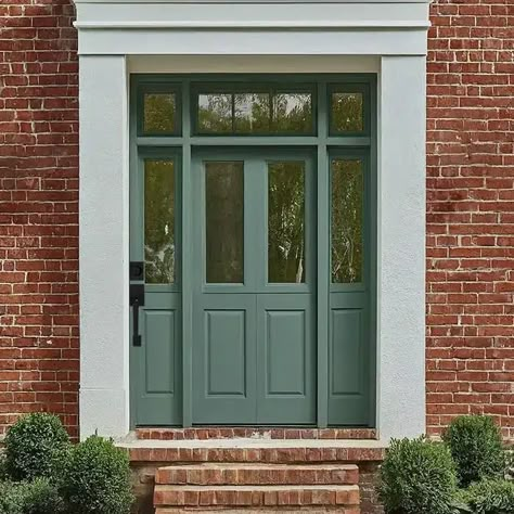 21 Best Front Door Colors for Red Brick House - Home Deviser Front Door On Red Brick House, Front Door Colors With Orange Brick, Cottage Front Door Colors, Red Brick Home Exterior, Green Front Door Brick House, Shutters Brick House, Brick House Front Door Colors, House Doors Colors, Orange Brick Houses