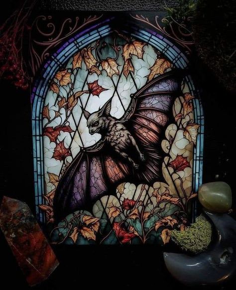 Stained Glass Dark Academia, Bat Stained Glass Art, Bat Stained Glass Patterns, Goth Stained Glass Art, Stained Glass Windows In Homes, Stain Glass Painting, Gothic Stained Glass Windows, Stained Glass Gothic, Stained Glass Aesthetic