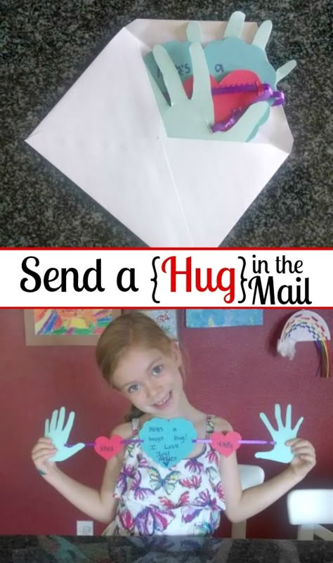 So cute! Send a Hug in the mail. This would be a perfect homemade Grandparent's Day, Get Well Soon or Valentine's Day card. | http://www.evolvingmotherhood.com Hug Craft, Mail Tutorial, Send A Hug, Grandparents Day Crafts, Grandparents Day Gifts, Mothers Day Crafts For Kids, Homemade Valentines, Sending Hugs, Get Well Gifts