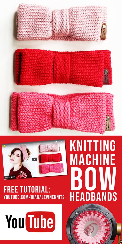 Free YouTube tutorial for how to knit bow headbands on a circular knitting machine Knitted Machine Patterns, Machine Knit Headband Pattern, Addi Knitting Machine Cup Cozy, Addi Knitting Machine Cowl, Addi Knitting Machine Headband Pattern, Addi Headband Pattern, Addi Express Headband, Circular Knitting Machine Headband, 32 Pin Knitting Machine