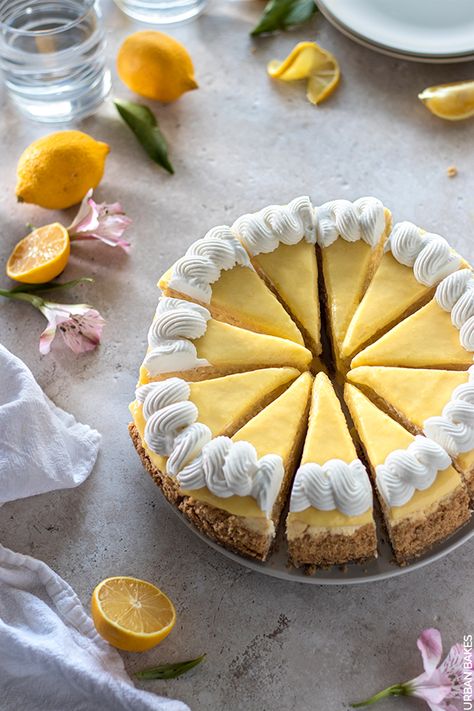 Lemon Cheesecake | URBAN BAKES Lemon Cheesecake Decoration Ideas, Lemon Cheesecake Decoration, Lemon Thyme Cheesecake, Lemon Cheesecake Photography, No Bake Cheesecake Lemon, Hazelnut Crust, Lemon Mascarpone, Homemade Lemon Curd, Lemon Cheese