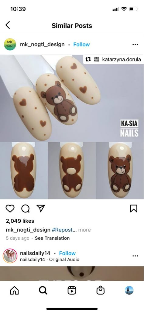 Teddy Bear Nail Art Designs, Teddy Bear On Nails, Teddy Bear Nail Art Step By Step, Teddy Nail Design, Teddy Bear Valentines Nails, Cute Bear Nail Designs, Teddy Bear Baby Shower Nails, Brown Bear Nails Design, Teddy Bear Nails Designs