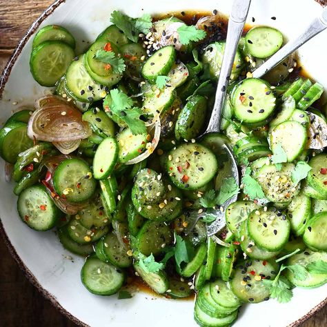 Salad With Chili, Zucchini Ribbon Salad, Japanese Cucumber Salad, Soy Garlic Chicken, Gochujang Chicken, Spicy Cucumber Salad, Spicy Cucumber, Chili Crisp, Asian Cucumber Salad