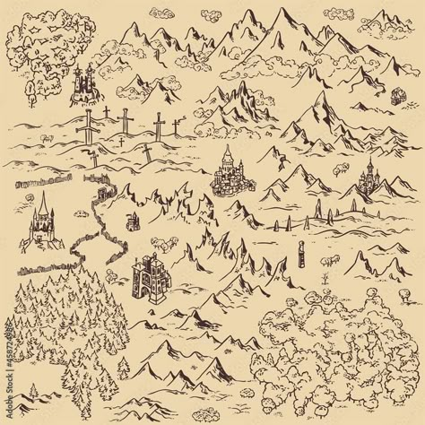 Simple Map Drawing, Fantasy Kingdom Map, Map Art Projects, Fantasy Map Drawing, Map Drawing Ideas, Fantasy Map Drawing Ideas, Drawing Ideas Simple, Map Elements, Kingdom Map