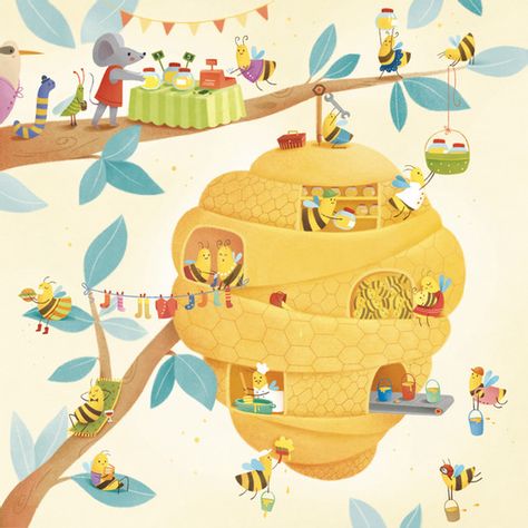 June | ILLUSTRATIONS Cute Honey Bee Illustration, Bee Illustration Cute, Bee Hive Illustration, Hive Illustration, June Illustration, Beehive Illustration, Picture Book Illustration, Good Illustration, Illustration For Children