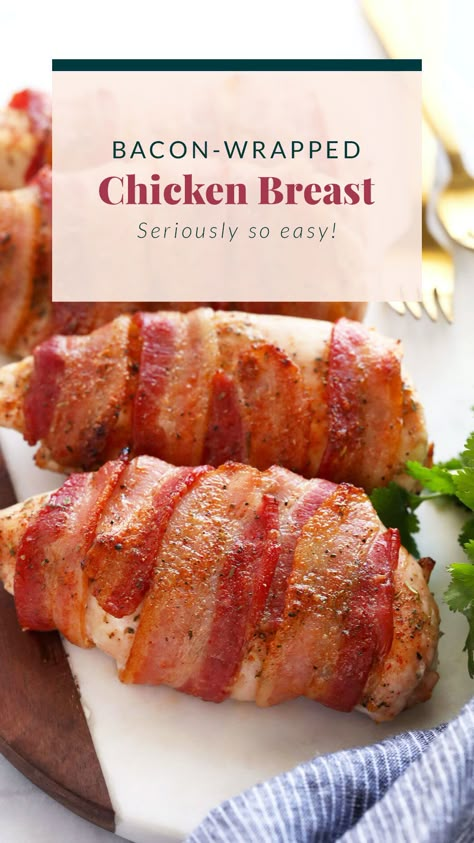 Bacon wrapped chicken is seasoned chicken breasts wrapped in bacon and then baked at high heat for crispy bacon on the outside and tender chicken breast on the inside. Bacon Wrapped Chicken Thighs, Baked Bacon Wrapped Chicken, Bacon Wrapped Chicken Recipes, Bacon Wrapped Stuffed Chicken, Chicken Breast With Bacon, Bacon Wrapped Chicken Breast, Bacon Wrapped Chicken Tenders, Oven Baked Bacon, Fit Foodie Finds