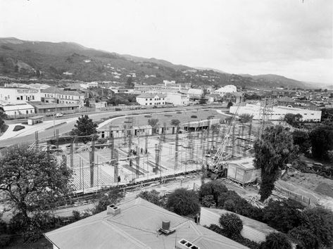 LOWER HUTT War Memorial Library construction - 1954 .. OWR 14 March 2015 Old Fire Station, Lower Hutt, Methodist Church, Fire Station, Wellington, Under Construction, Paris Skyline, Drive, Road