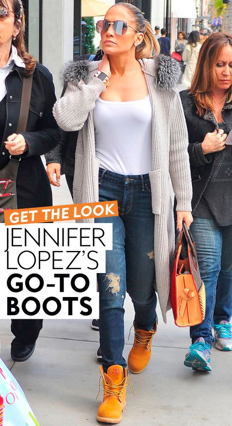 Get The Look: Jennifer Lopez's Go-To Boots | Jennifer Lopez's style is cool, edgy, and always sexy. J. Lo has been spotted many times pairing these classic and comfortable Timberland boots with a number of outfits, proving that fashion doesn't have to break the bank to pack a punch with any look. #casualspringstyle #springwardrobe #fashion #style Jlo In Timberland Boots, Women Outfits With Timberland Boots, Timberland Boots Outfit 2022, Timberland Skyla Boots Outfit, Jeans And Timberland Outfits Women, Brown Timberland Boots Outfit Woman, Timberland Boot Outfits Womens, Women’s Timberland Outfit, Womens Timberland Boots Outfit