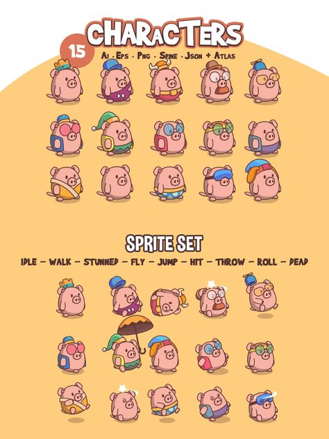 Cute Pigs Game Character Sprite Pack is prepared to implement many unique ideas and fill your game world with new content. Here you will discover 15 characters, each of which is shaped like adorable pigs. Created in a popular cartoon style, these sprites are ideal for integration into most modern gaming genres, ranging from children’s games, adventures and quests, to RPGs, MMOs, combat, runners, exploration, educational games, fantasy and other popular genres of our time. Character Sprites, Character Sprite, Game World, Pig Games, Popular Cartoons, Cute Pigs, Cartoon Games, Game Ui, Educational Games