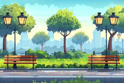 Park Bench Illustration, City Background Illustration, Peaceful Meadow, Background Anime, Park Benches, Modern Illustration, Cartoon Image, Photo Summer, Park Landscape