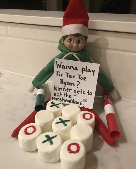 Elf On Shelf Tic Tac Toe, Elf On The Shelf Mini Marshmallow Ideas, Elf On The Shelf Tic Tac Toe, Taco Tuesday Elf On The Shelf, Elf Tic Tac Toe, Elf On Shelf Funny, Elf On Shelf Printables, Elf Shenanigans, Elf Ideas Easy