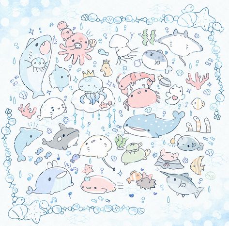 Doodle Art Ocean Theme, Ocean Doodles, Aquarium Drawing, Cartoon Sea Animals, Cartoon Fish, 동화 삽화, Characters Inspiration Drawing, Cute Fish, Cute Doodles Drawings