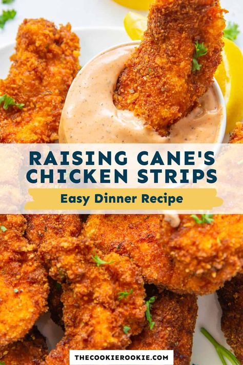 Tender chicken strips coated in a delicious and crispy breading, these Copycat Raising Cane's Chicken Fingers come with an addictive Creole sauce. Plus they are so easy to make. No deep fryer? No problem! You can use a dutch oven. Canes Fried Chicken Recipe, Rasing Canes Chicken Tenders, Raising Cains Chicken Recipe, Raisin Canes Chicken Strips Recipe, Rising Canes Chicken, Canes Copycat Chicken, Raising Canes Chicken Recipe, Chicken Tender Recipes Baked, Canes Chicken