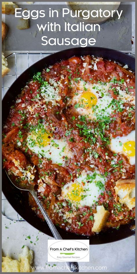 Eggs in Purgatory with Italian Sausage in skillet on cooling rack garnished with parsley and Parmesan cheese with serving spoon. What To Make For Breakfast, Dinner Eggs, Sausage And Vegetables, Eggs In Purgatory, Breakfast Sausage Recipes, Healthy Weeknight Meals, Bacon Breakfast, Chef's Kitchen, Health Dinner