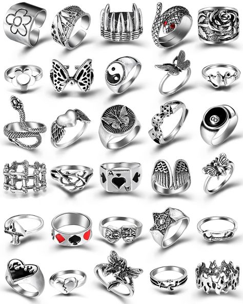 Silver Goth Punk Rings Set for Men Girls Women, 31PCS Cool Gothic Ring Pack, Vintage Stackable Rings Bulk, Boho Chunky Knuckl Emo Rings, Grunge Ring, Edgy Rings, Emo Jewelry, Punk Fashion Diy, Punk Rings, Goth Ring, Y2k Rings, Full Finger Rings