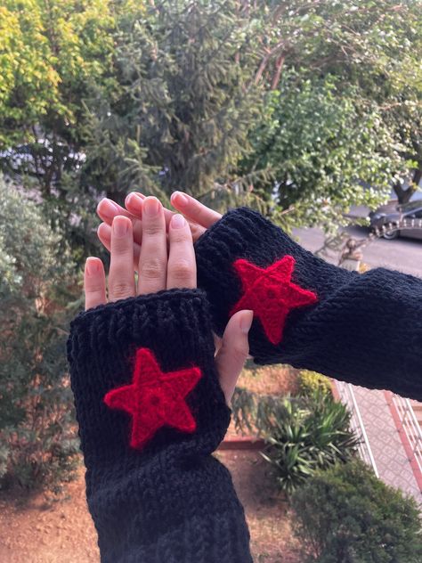 Hello everyone! Me and my mom knit this beautiful fingerless gloves, to make some savings for my master's degree. If you want to support us we would be grateful! Our gloves are made from acrylic wool and they are really soft. Since they are knitted and soft, they can expand if your hands are big. Our size is: Length: 16 cm / 6.3" Width: 8.5 cm / 3.4" We also offer other styles on our shop so you can go and check it out! Thank you for your interest! Nilüfer&İdil Red And Black Fingerless Gloves, How To Make Fingerless Gloves, Fingerless Gloves Aesthetic, Black And Red Crochet, Diy Fingerless Gloves, Crochet Gloves Fingerless, Crocheted Fingerless Gloves, Crocheted Gloves, Wool Clothes