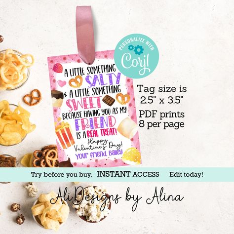 Valentines day snack tag, Sweet and salty, Gift tag for snacks, Easy Valetine gift, Valentine editable tag, Popcorn pretzels Chocolate candy Pretzels Chocolate, S Meaning, Snacks Easy, Chocolate Pretzels, Gift Valentine, Tag Template, Edit Text, Sweet And Salty, Something Sweet