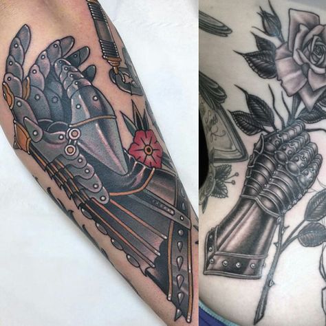 Medieval Gauntlet Tattoo, Gauntlet Tattoo, Dagger Tattoo, Creepy Tattoos, Tattoo Illustration, Rose Tattoo, Anatomy Art, Body Mods, Traditional Tattoo