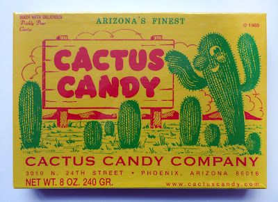 Vintage candy packaging; an exotic idea to a Northeasterner, but they were good. Donut Branding, Cactus Gift Ideas, Prickly Pear Jelly, Cactus Candy, Vintage Food Packaging, Candy Ads, Arizona Gifts, Prickly Cactus, Retro Packaging